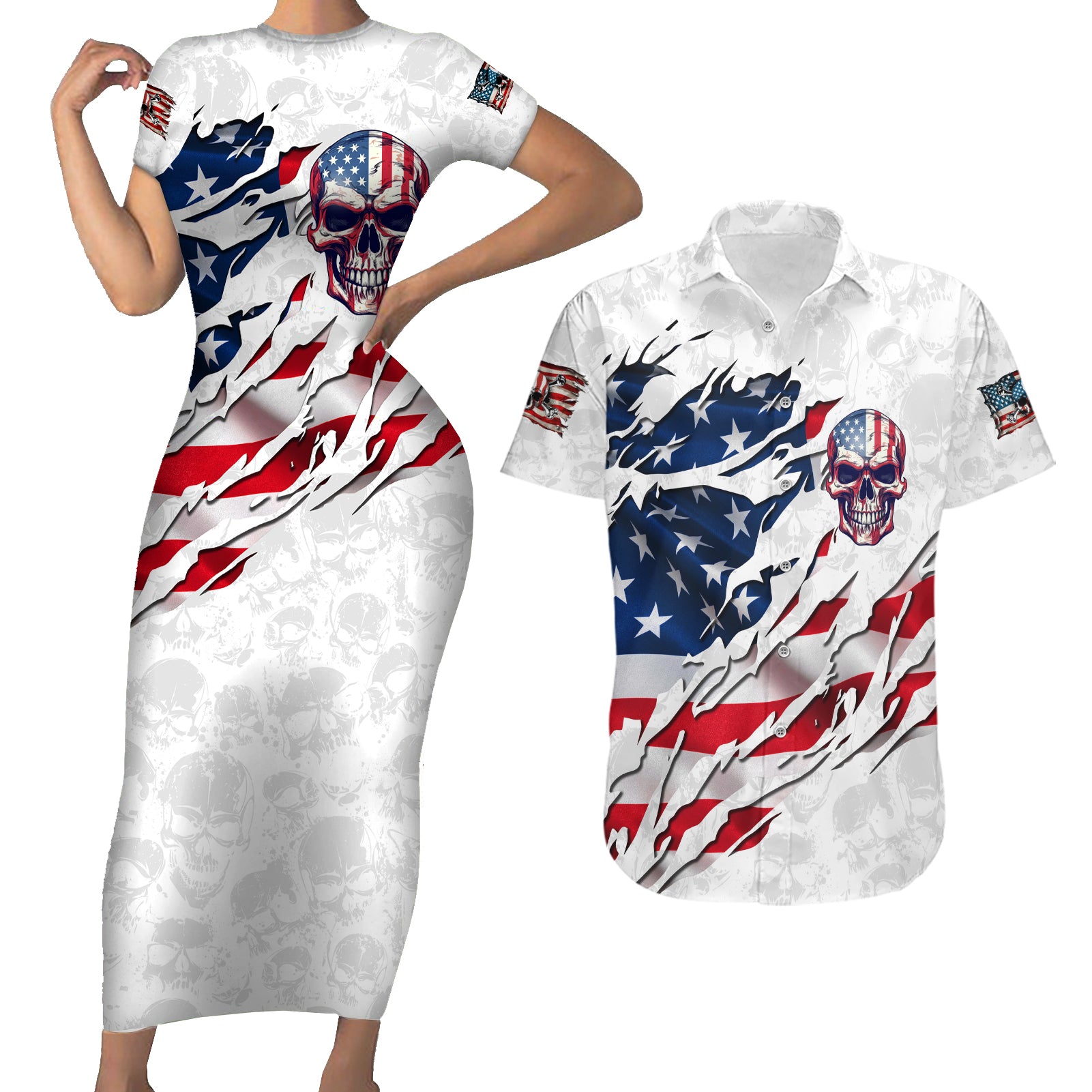 american-flag-skull-couples-matching-short-sleeve-bodycon-dress-and-hawaiian-shirt