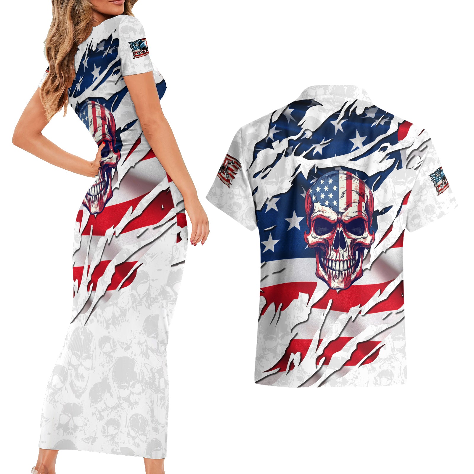american-flag-skull-couples-matching-short-sleeve-bodycon-dress-and-hawaiian-shirt