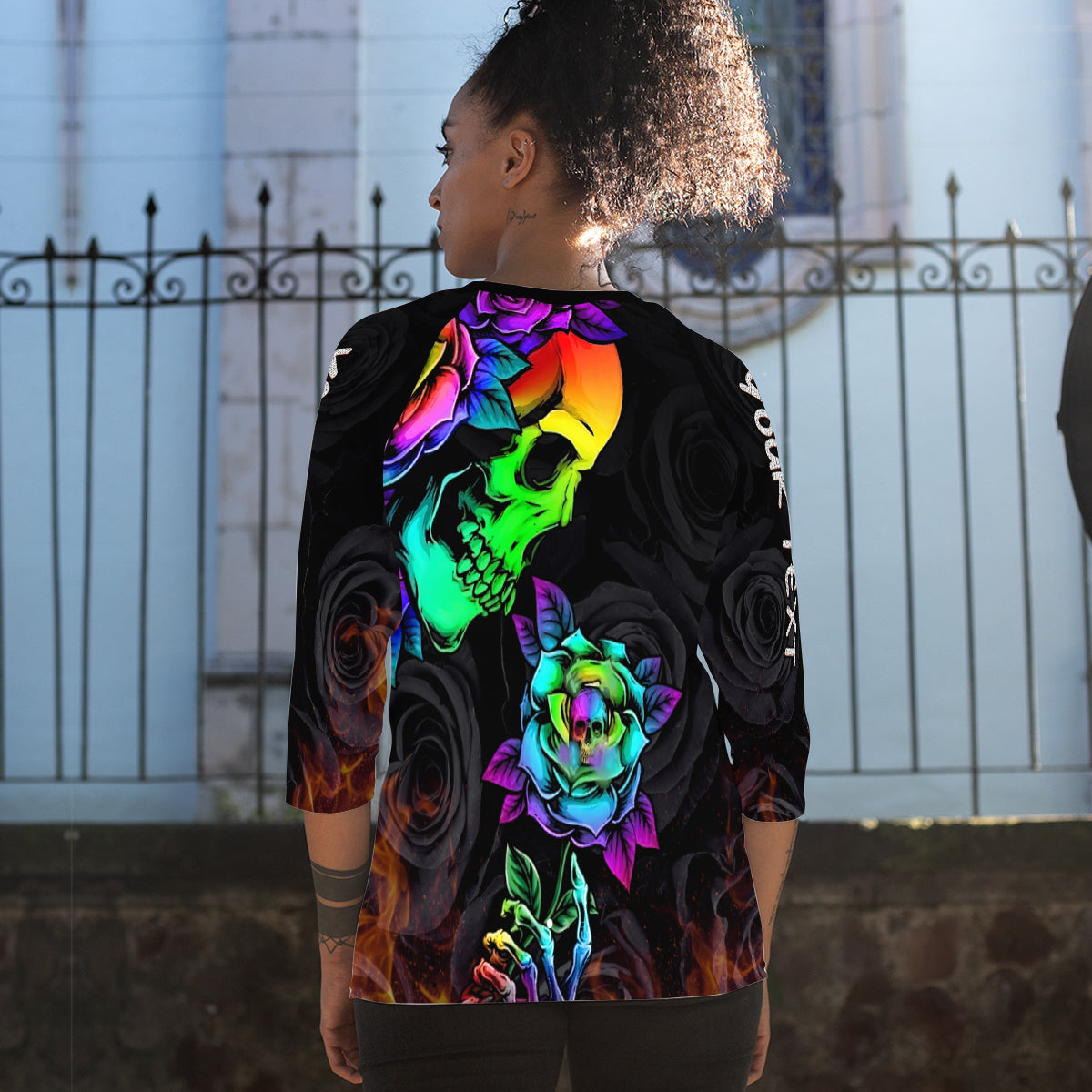 custom-personalised-beautiful-sugar-skull-raglan-34-sleeve-t-shirt-dark-night-black-roses