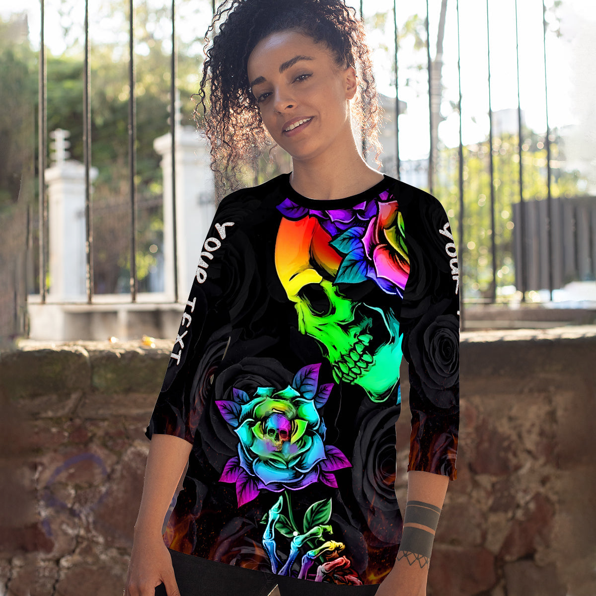 custom-personalised-beautiful-sugar-skull-raglan-34-sleeve-t-shirt-dark-night-black-roses