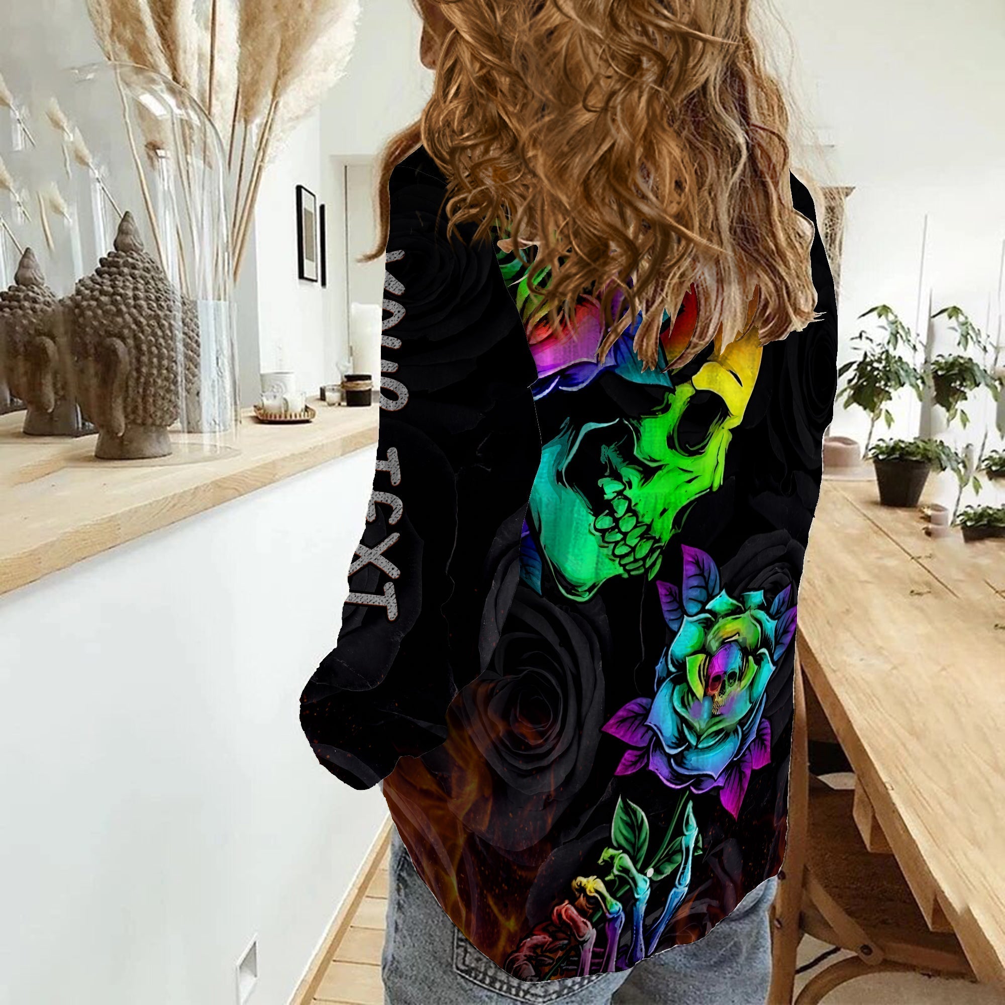 custom-personalised-beautiful-sugar-skull-women-casual-shirt-dark-night-black-roses