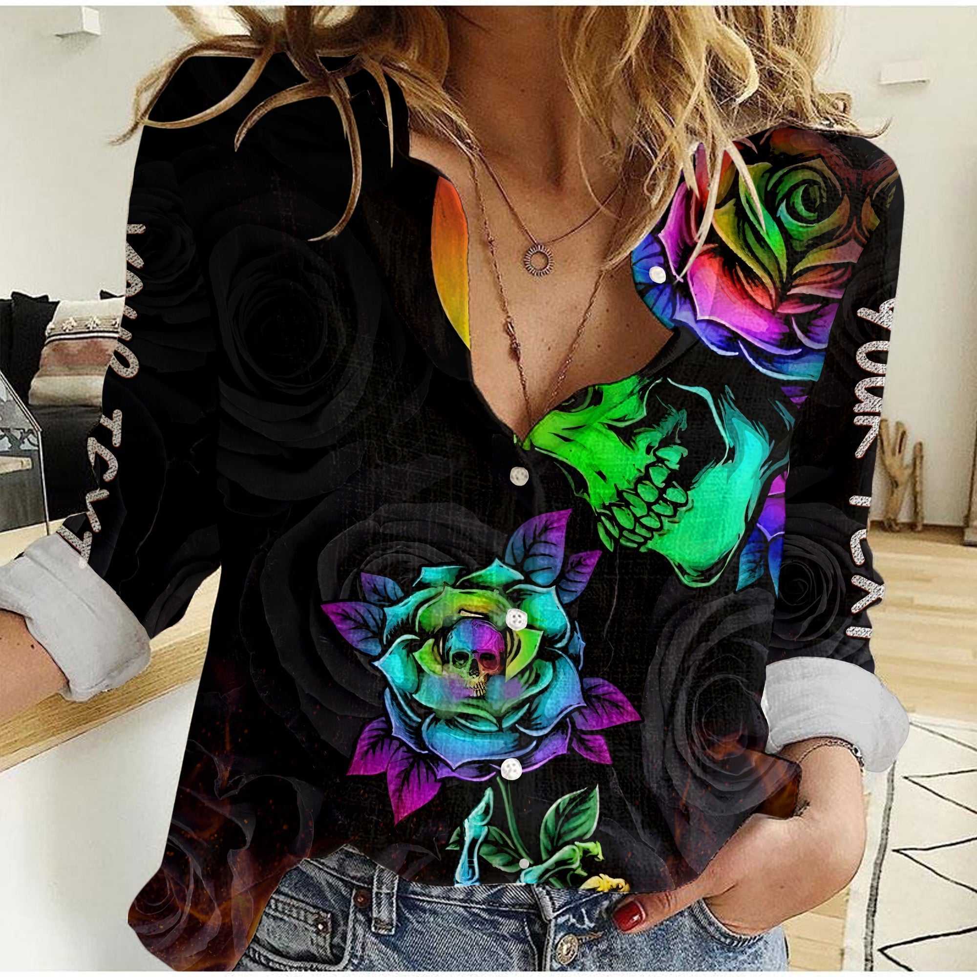 custom-personalised-beautiful-sugar-skull-women-casual-shirt-dark-night-black-roses